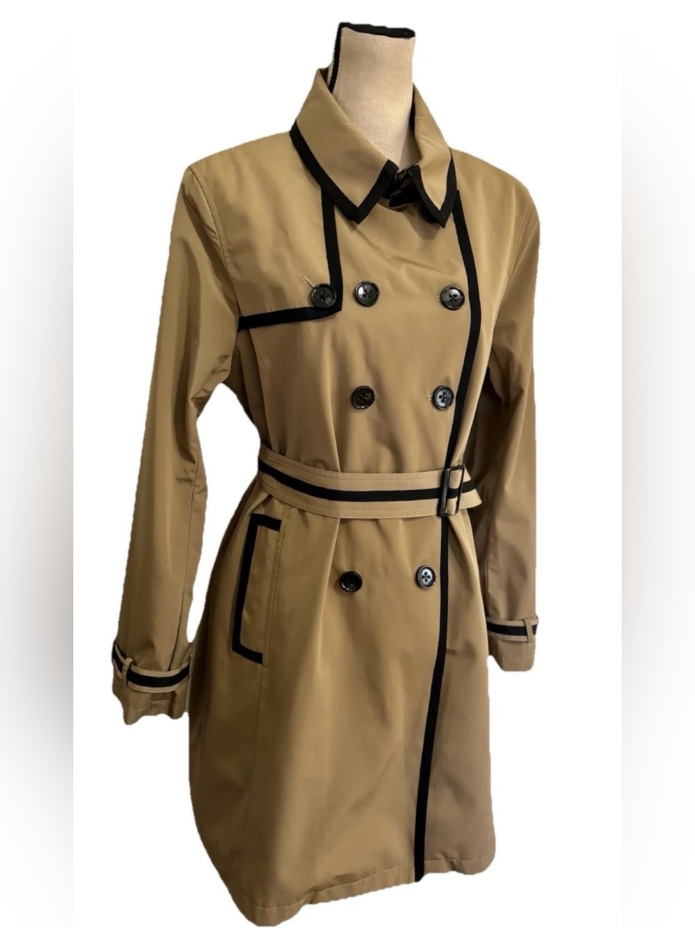 Jane Post Classic Tan Double-Breasted Trench Coat with Black Trim Large